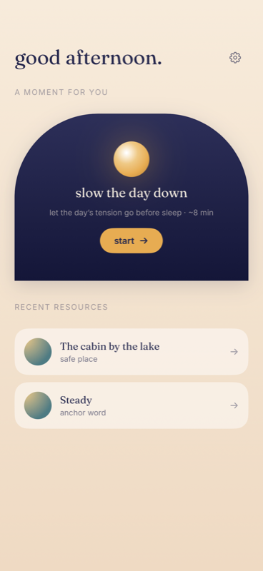 Nook home screen with the warm orb and calm tools