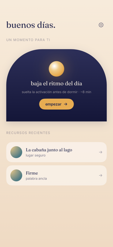 Pantalla de inicio de Nook con el orbe cálido y las herramientas de calma