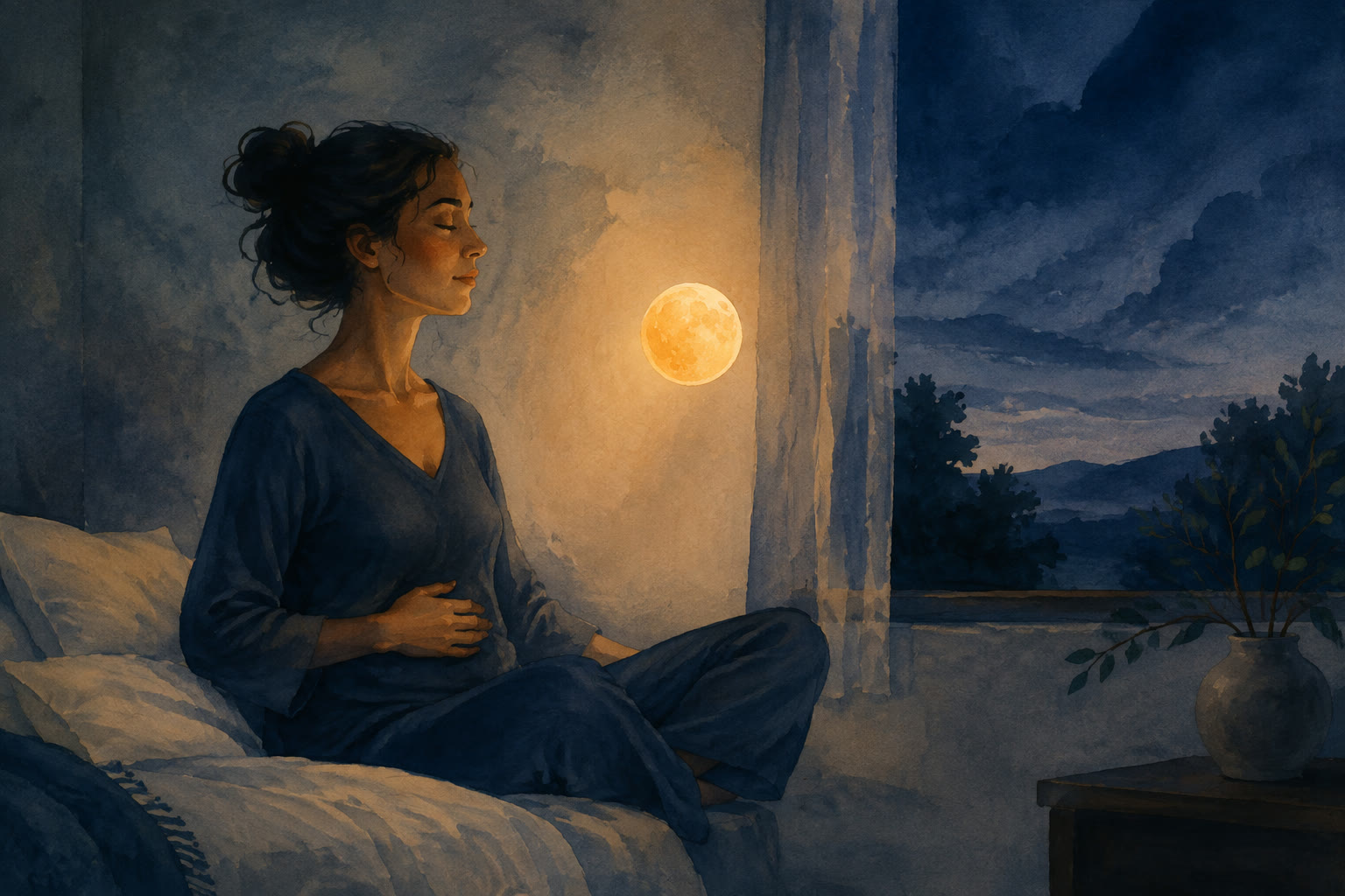 Mujer respirando junto a una ventana nocturna y el orbe cálido de Nook