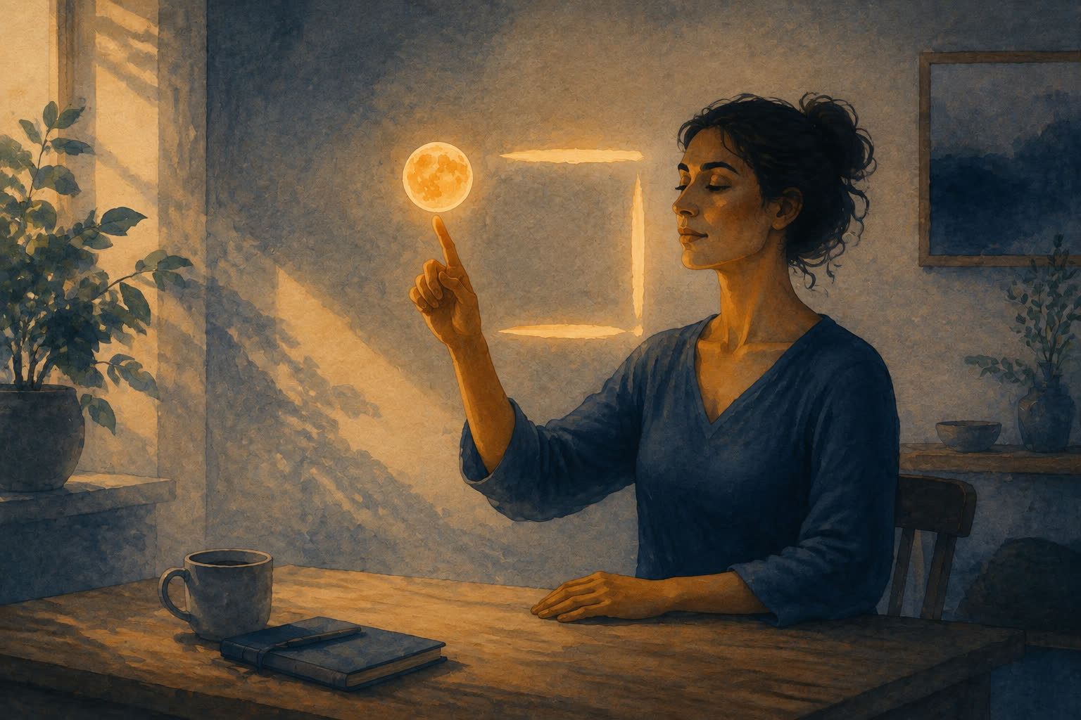 Mujer siguiendo con el dedo un cuadrado de luz junto al orbe de Nook