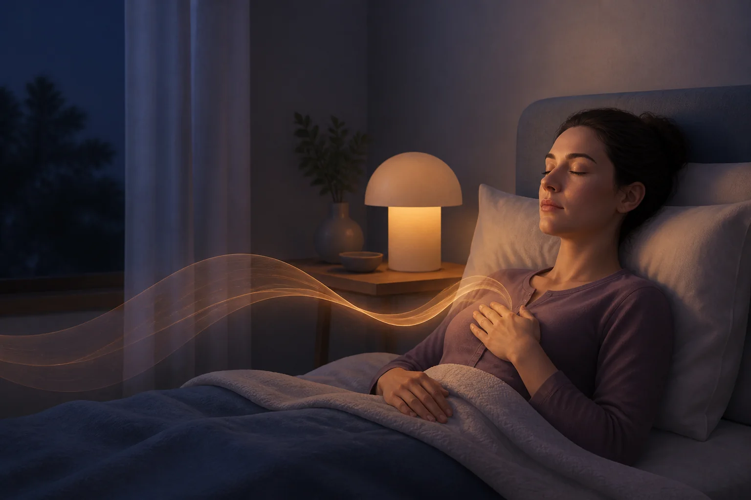 Persona che segue una respirazione lenta a letto, con una morbida onda di luce